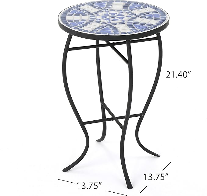 Christopher Knight Home Han Outdoor Ceramic Tile Side Table with Iron Frame, Blue / White - Photo 3