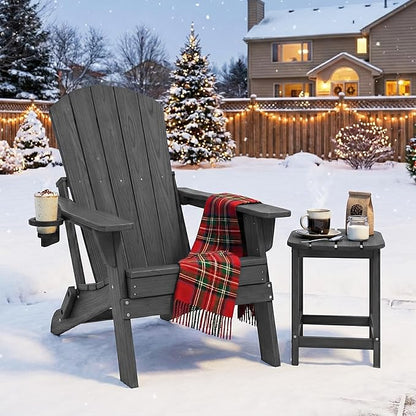 Folding Adirondack Chair with Cup Holder, HDPE All Weather Resistant Plastic Outdoor Patio Chairs, Heavy Duty Fire Pit Seating for Backyard Lawn Garden, Wooden Textured Design(Gray)