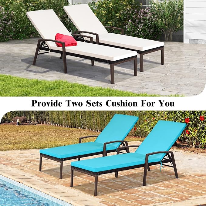 Tangkula Set of 2 Patio Rattan Chaise Lounge Chair, Outdoor Reclining Chaise with Cushion and Armrest, 2 Cushion Cover Sets, Wicker Sun Lounger with Adjustable Backrest for Garden (Turquoise & White)