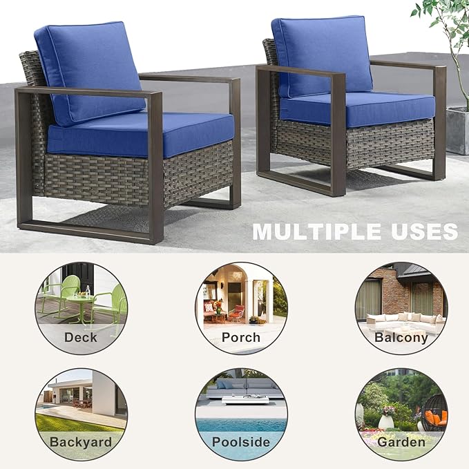 Rilyson Outdoor Wicker Patio Furniture Set - 4 Piece Patio Conversation Set with 2 Wicker Armrest Chairs,2 Rattan Ottoman, Sturdy Frame, Thick Cushions, Deep Seating(Mixed Grey/Blue)