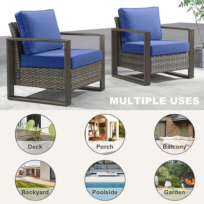Rilyson Outdoor Wicker Patio Furniture Set - 4 Piece Patio Conversation Set with 2 Wicker Armrest Chairs,2 Rattan Ottoman, Sturdy Frame, Thick Cushions, Deep Seating(Mixed Grey/Blue)