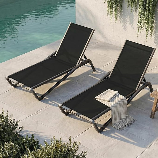 Outdoor Chaise Lounge Chair Set of 2, 5-Position Adjustable Patio Lounge Chair with Aluminum Frame, Textilene Fabric Pool Loung Chairs for Poolside, Deck, Backyard (Black)