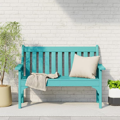 Costaelm Garden Bench, Farmhouse Park Front Porch for Entryway Bench Outdoor Seating Low Bench Patio Bench Outside/Indoor, Turquoise