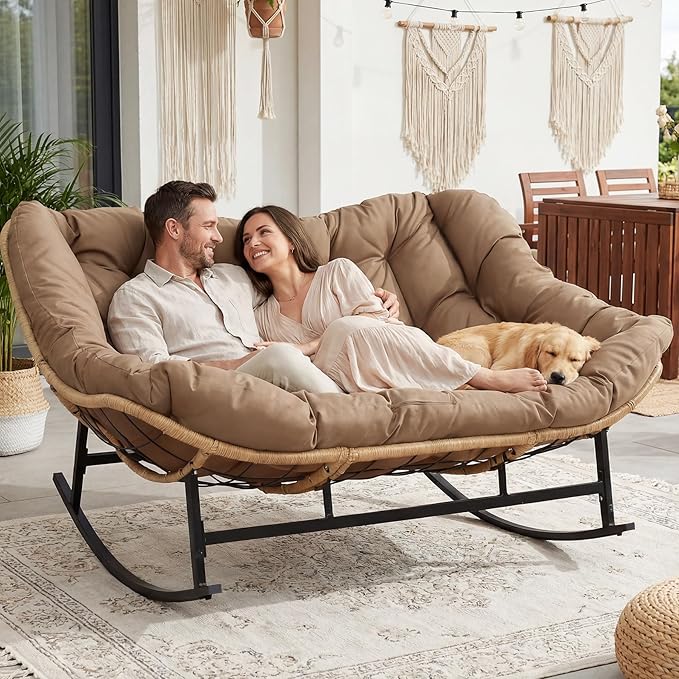 RADIATA Double Rocking Chair, Oversized Egg Rocking Chairs for 2 Person, Large Wide Papasan Loveseat with Cushion and Frame, Comfort Outdoor Furniture for Reading/Relaxing Patio Garden Backyard Brown