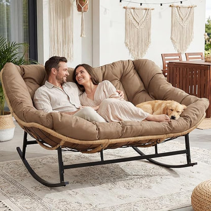 RADIATA Double Rocking Chair, Oversized Egg Rocking Chairs for 2 Person, Large Wide Papasan Loveseat with Cushion and Frame, Comfort Outdoor Furniture for Reading/Relaxing Patio Garden Backyard Brown