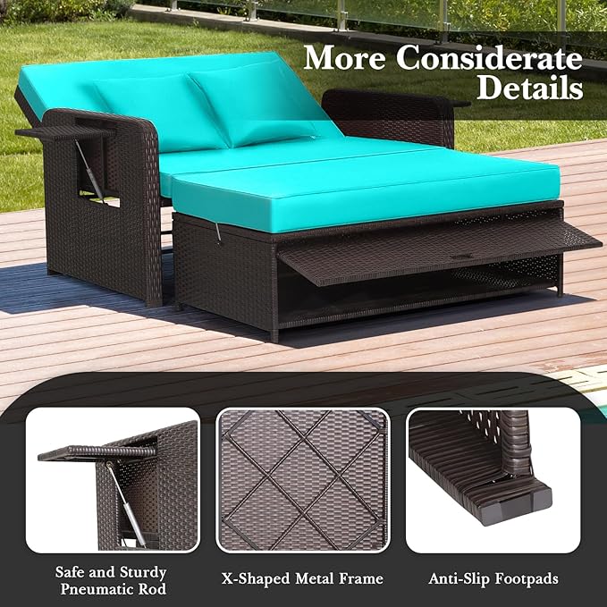 Nightcore Wicker Patio Outdoor Daybed, Outdoor Chaise Lounger w/ 4-Level Adjustable Backrest, Retractable Side Trays - Photo 6