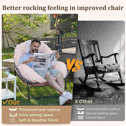 Outdoor Rocking Chair, Patio Wicker Egg Chair, Indoor Comfy Oversized Papasan Chair with Padded Cushion, Royal Rattan Rocker for Front Porch, Garden, Patio (Pink)
