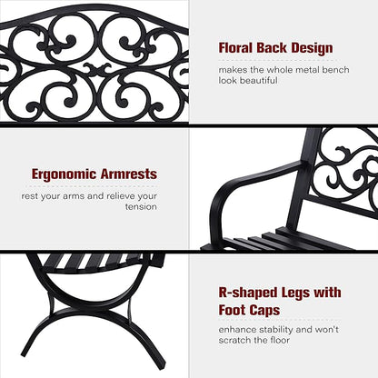 Sophia & William 50" Outdoor Garden Bench Patio Park Bench, Cast Iron Metal Frame Furniture with Floral Design Backrest for Porch Yard Lawn Deck, Black