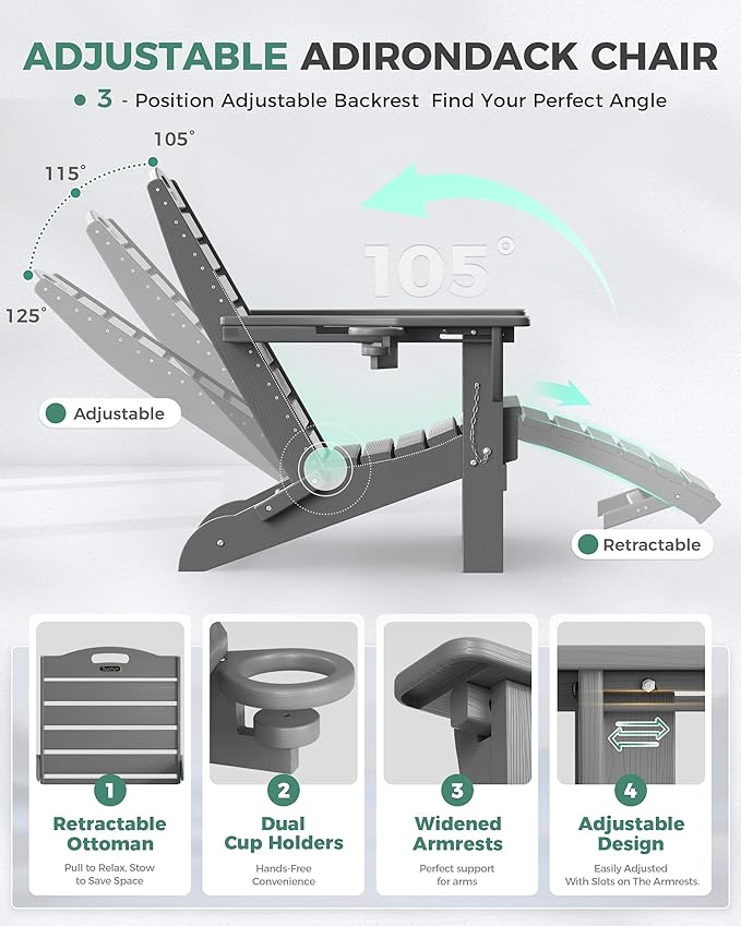 Folding Adirondack Chair with Retractable Ottoman - Photo 5