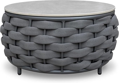 Short Round Patio Coffee Table: Hand Woven Rope Side Tables Assembled - Aluminum Outdoor Accent Table Modern - Metal Porch Furniture for 176lbs Deck Garden Balcony Hotel φ25.6''/65cm, Dark Gray