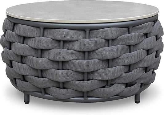 Short Round Patio Coffee Table: Hand Woven Rope Side Tables Assembled - Aluminum Outdoor Accent Table Modern - Metal Porch Furniture for 176lbs Deck Garden Balcony Hotel φ25.6''/65cm, Dark Gray