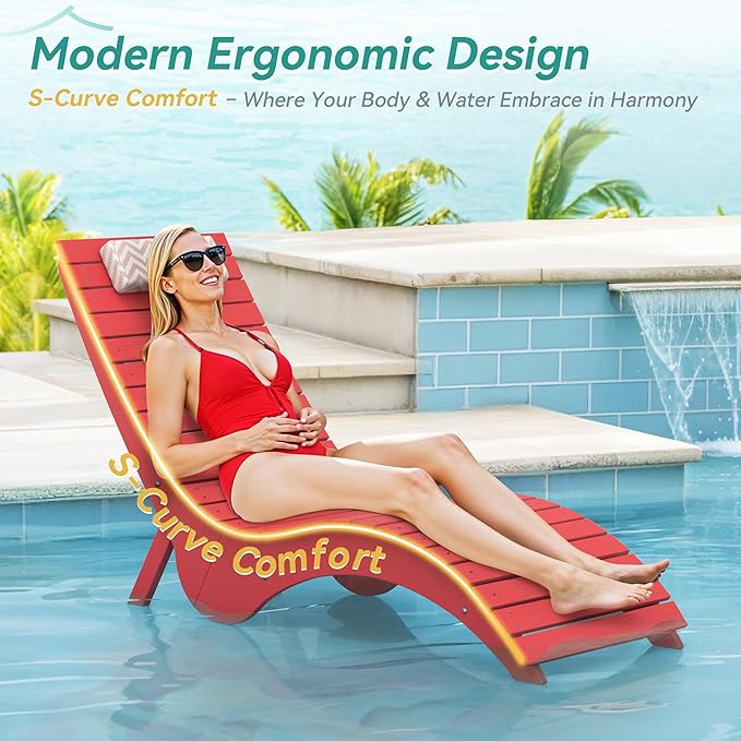 Pool Lounge Chairs - Anti-Floating HDPS Design for Pools & Backyard Sun Decks, Weighted Pool Chairs and Lounges for Poolside or Outside, Includes Headrest, Bright Red