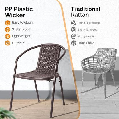 VINGLI PE Rattan Outdoor Dining Chairs Set of 1, Plastic Stackable Patio Chairs for Indoor, Porch, Restaurant, Garden, Brown