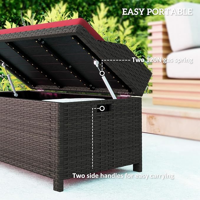 Outsunny 34 Gallon Outdoor Wicker Storage Bench Deck Box, PE Rattan Patio Furniture Pool Storage Bin Container with Interior Waterproof Cloth Bag and Comfortable Cushion, Red