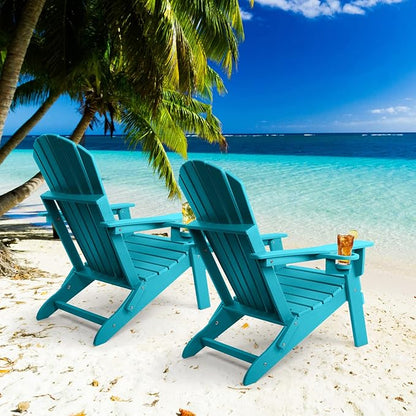 FUNBERRY Folding Adirondack Chair Set of 2, HDPE All Weather Fire Pit Chairs with Cup Holder for Outdoor