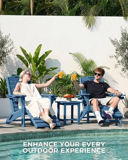 Folding Adirondack Chair with Retractable Ottoman Weather Resistant Fire Pit Chair Patio Chair with 2 Cup Holder Lawn Outdoor Lounge Chair (Navy Blue)