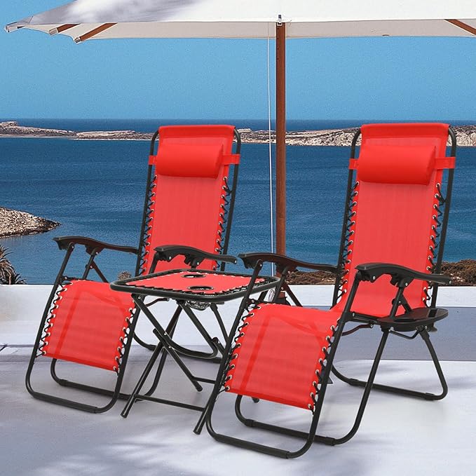 MoNiBloom Recliner Patio Lounge Chairs Set of 3, Adjustable Outdoor Beach Chairs w/Folding Table - Photo 4