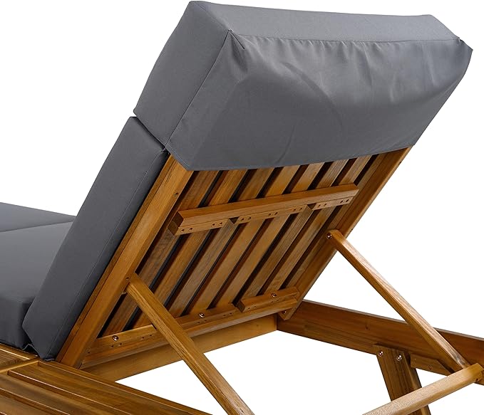 Christopher Knight Home Kayes Acacia Wood Chaise Lounge with 4'' Four-Folds Cushion, Outdoor 79'' Patio Recliner Chair with 4-Position Adjustable Backrest, Sun Lounger for Backyard, Teak+Dark Gray