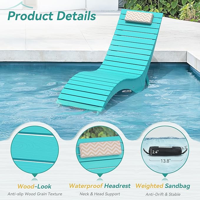 Pool Lounge Chairs - Anti-Floating HDPS Design for Pools & Backyard Sun Decks, Weighted Pool Chairs and Lounges for Poolside or Outside, Includes Headrest, Aruba Blue