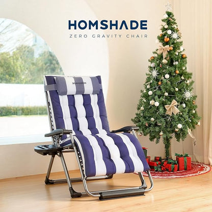 HOMSHADE XXL Zero Gravity Chair with Cushion, 33In Oversized Zero Gravity Lounge Chair, Patio Outdoor Recliner Chair for Indoor Outdoor with Headrest, Cup Holder, Footrest Support 500Lbs, Blue & White