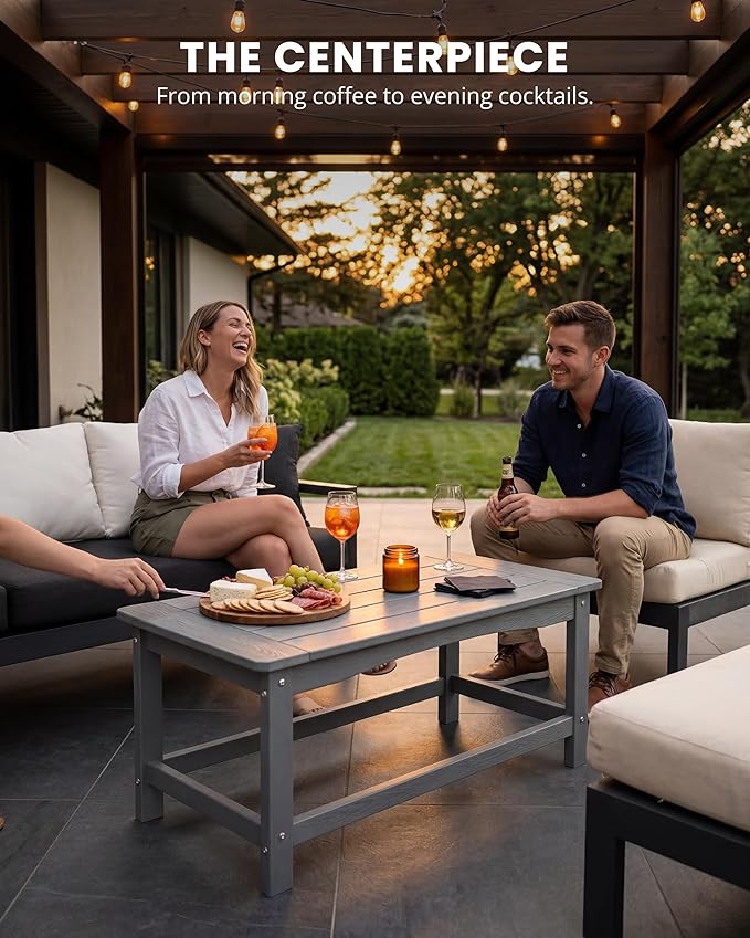 Outdoor Coffee Table for Patio, 35 Inch Rectangle Patio Coffee Table, Gray All-Weather Poly Lumber Outside Table, 250 lb Capacity Outdoor Patio Table for Deck Balcony Garden Porch Poolside
