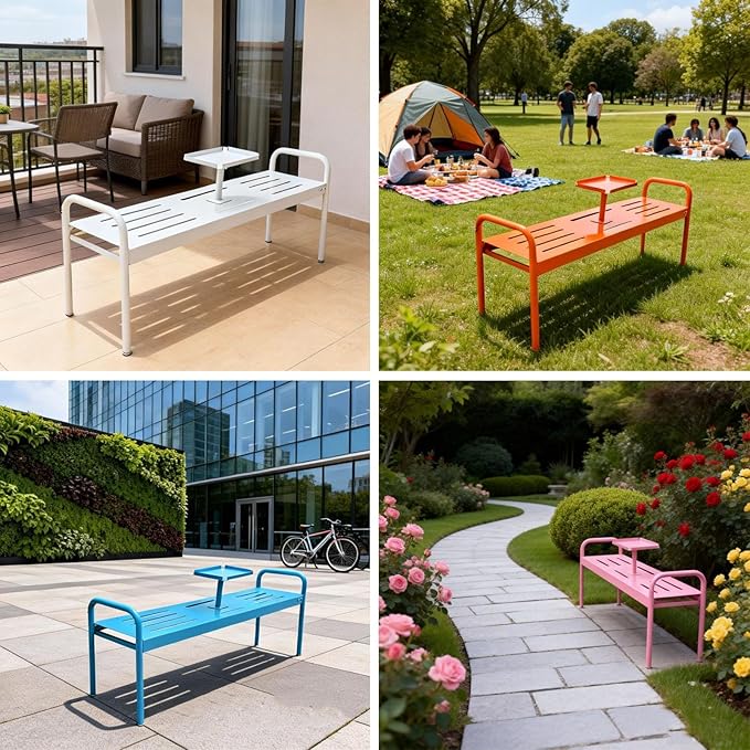 Modern Floor Patio Bench, 2-Person Metal Garden Bench Seat, Outdoor Benches Weatherproof with Built-in Small Table and Armrests, 120cm/47.2in Park Benches Outdoor Furniture(Yellow)