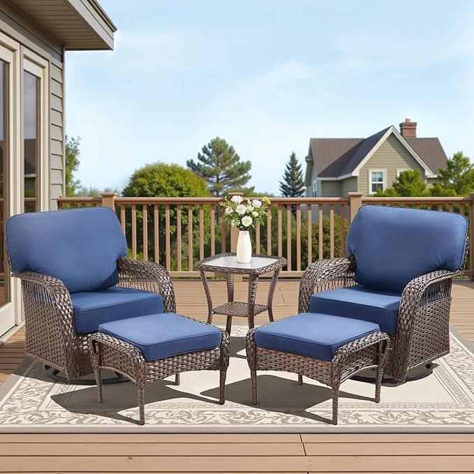 5 Pieces Patio Furniture Set, All Weather Wicker Swivel Rocker Patio Chairs with Ottomans Rattan Side Table - Photo 9