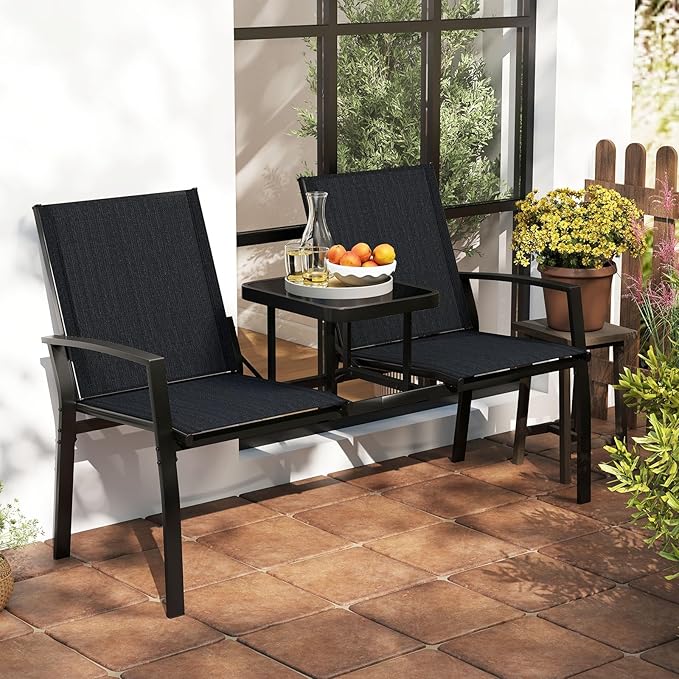 Tangkula Patio Loveseat with Built-in Table, 2-Seat Small Balcony Furniture with Breathable Fabric, Heavy Duty Metal Frame, Tempered Glass Tabletop, Outdoor Seating Bench for Porch Backyard Garden