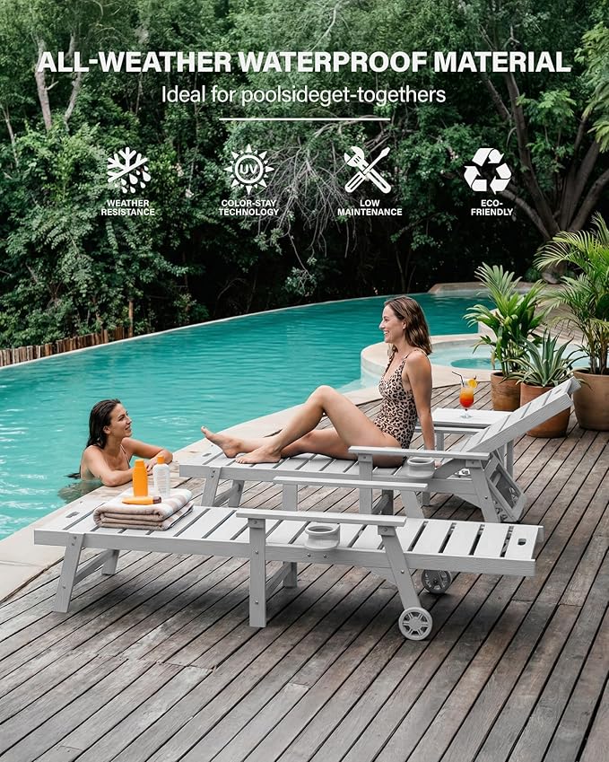 YEFU Lounge Chair Outdoor Set of 2: Outdoor Chaise Lounge with 5-Level Adjustable Backrest, Cup Holders & Wheels, All-Weather Resistance Chaise Lounge for Outside/Patio/Beach/Deck, White