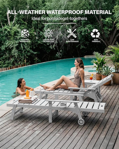 YEFU Lounge Chair Outdoor Set of 4: Outdoor Chaise Lounge with 5-Level Adjustable Backrest, Cup Holders & Wheels, All-Weather Resistance Chaise Lounge for Outside/Patio/Beach/Deck, White