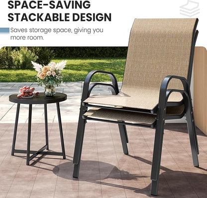 Patio Dining Chairs Set of 4, Outdoor High Stacking Chairs for All Weather, Breathable Seat Fabric and Alloy Steel Frame for Backyard, Porch, Garden (Brown)