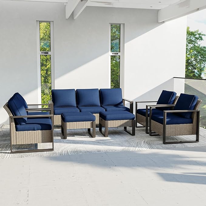 Outdoor Patio Furniture Set, 7 Piece Wicker Patio Conversation with Deep Seating, Thicken Cushions, Outdoor Club Chair - Photo 7