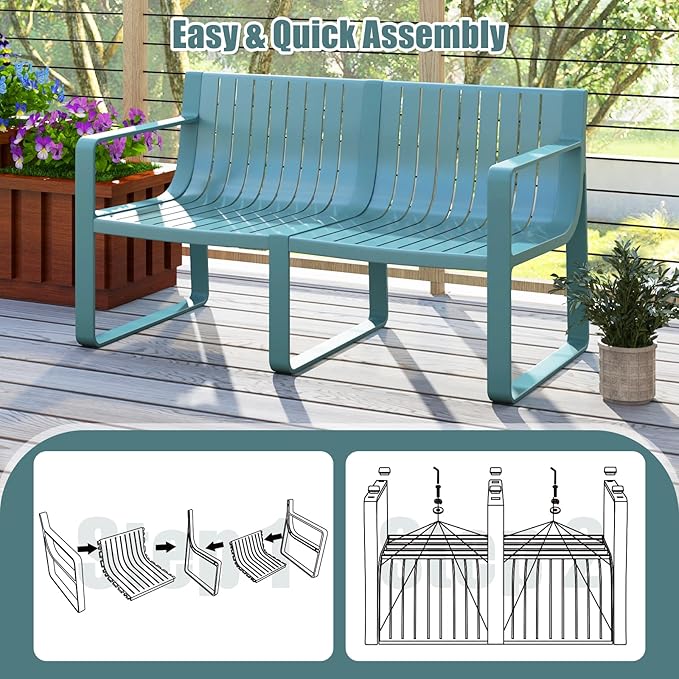 Tangkula Patio Loveseat, Weather-Resistant Plastic 2-Person Bench with Curved Backrest, Outdoor Conversation Furniture with Slatted Design for Patio, Poolside, Backyard, Garden, Deck, Lawn (Blue)