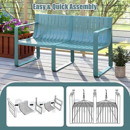 Tangkula Patio Loveseat, Weather-Resistant Plastic 2-Person Bench with Curved Backrest, Outdoor Conversation Furniture with Slatted Design for Patio, Poolside, Backyard, Garden, Deck, Lawn (Blue)