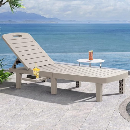 Chaise Lounge Outdoor, Waterproof Resin Lounge Chairs for Outside w/Adjustable 5 Positions & Cup Holder Sun Lounge Chair for Patio, Poolside, Beach, Yard in All Weather, 1PCS, Grey