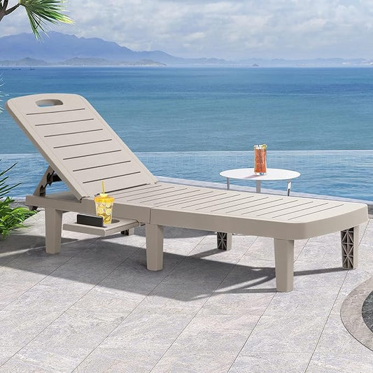 Chaise Lounge Outdoor, Waterproof Resin Lounge Chairs for Outside w/Adjustable 5 Positions & Cup Holder Sun Lounge Chair for Patio, Poolside, Beach, Yard in All Weather, 1PCS, Grey