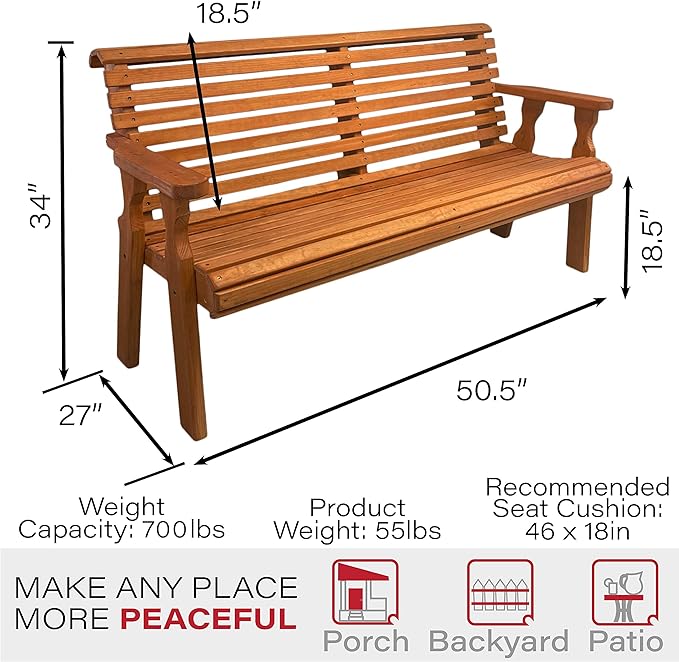 Amish Casual Heavy Duty 4 Foot Roll Back Outdoor Bench in Cedar Stain - Amish Made in The USA from Treated Pine for Outdoor Durability, 700 Lb Weight Capacity