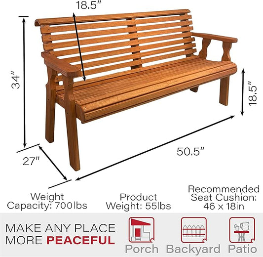 Amish Casual Heavy Duty 4 Foot Roll Back Outdoor Bench in Cedar Stain - Amish Made in The USA from Treated Pine for Outdoor Durability, 700 Lb Weight Capacity