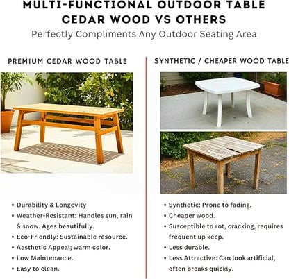 42" Cedar Wood Coffee Table, Solid Wood Farmhouse Patio Side Table, Slatted Accent Table for Garden, Deck, Lawn, Living Room and Poolside (Teak, 42 Inch)