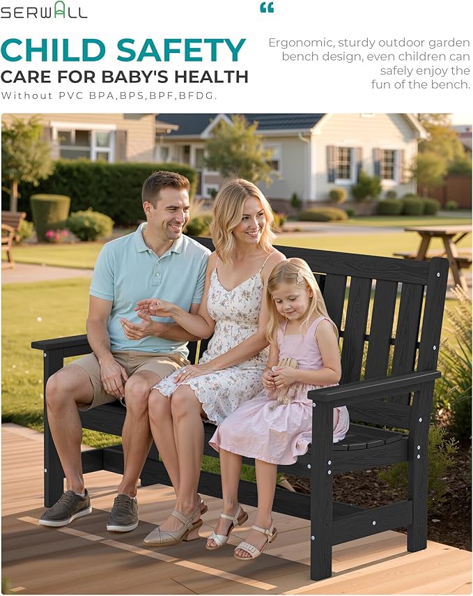 SERWALL Outdoor Bench with Cup Holder, 58" HDPE Garden Park Bench Suitable for 3 Person - Photo 4