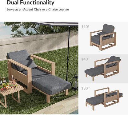 HULALA HOME Outdoor Chaise Lounge, Solid Wood Patio Lounge Chair with Lumbar Pillow, Adjustable Reclining Poolside Lounge Chair, Charcoal