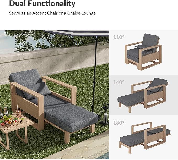 HULALA HOME Outdoor Chaise Lounges Set of 2, Solid Wood Patio Lounge Chairs with Lumbar Pillow - Photo 7