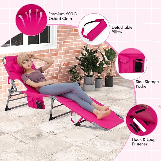 Goplus Tanning Chair, Folding Adjustable Patio Lounge Chair with Face Hole, Removable Pillow, 330LBS, Carry Strap, Outdoor Sunbathing Chair, Lightweight Portable Beach Lounge Chair, No Assembly