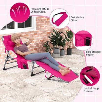 Goplus Tanning Chair, Folding Adjustable Patio Lounge Chair with Face Hole, Removable Pillow, 330LBS, Carry Strap, Outdoor Sunbathing Chair, Lightweight Portable Beach Lounge Chair, No Assembly
