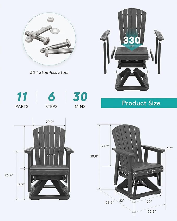 SERWALL Adirondack Swivel Glider Chair, HDPE Outdoor Glider Set of 2, All-Weather Glider Chair for Porch, Balcony - Photo 3