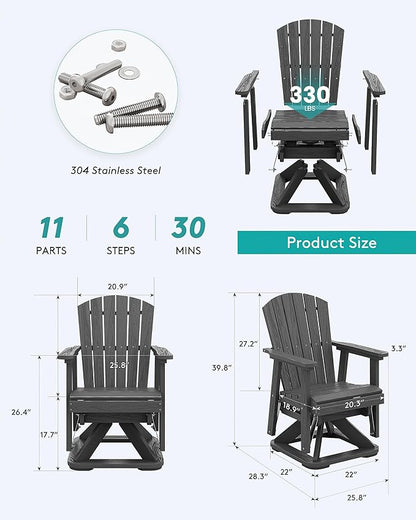 SERWALL Adirondack Swivel Glider Chair, HDPE Glider Set of 4 for Outdoor, All-Weather Glider Chair for Porch, Balcony, Slate Grey
