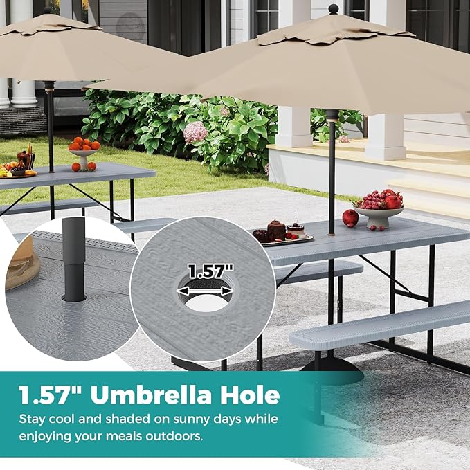 Giantex Picnic Table Bench Set for 4 People, 4.5FT Outdoor Rectangular Dining Table & 2 Benches w/Umbrella Hole - Photo 5