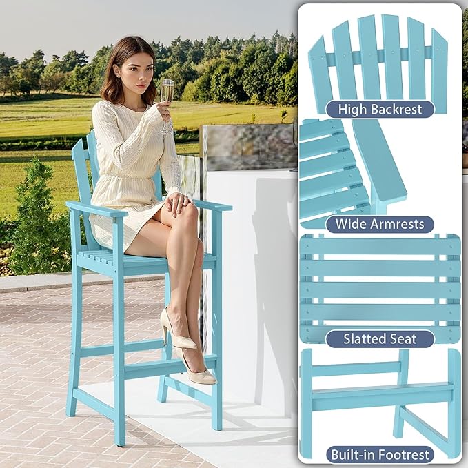 Tangkula Tall Adirondack Chair, Outdoor Acacia Wood Bar Stool with Back, Armrests and Footrest, Bar Height Patio Chair for Balcony, Porch, Deck and Backyard (1,Turquoise)