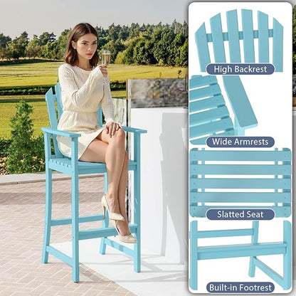 Tangkula Tall Adirondack Chair, Outdoor Acacia Wood Bar Stool with Back, Armrests and Footrest, Bar Height Patio Chair for Balcony, Porch, Deck and Backyard (4,Turquoise)
