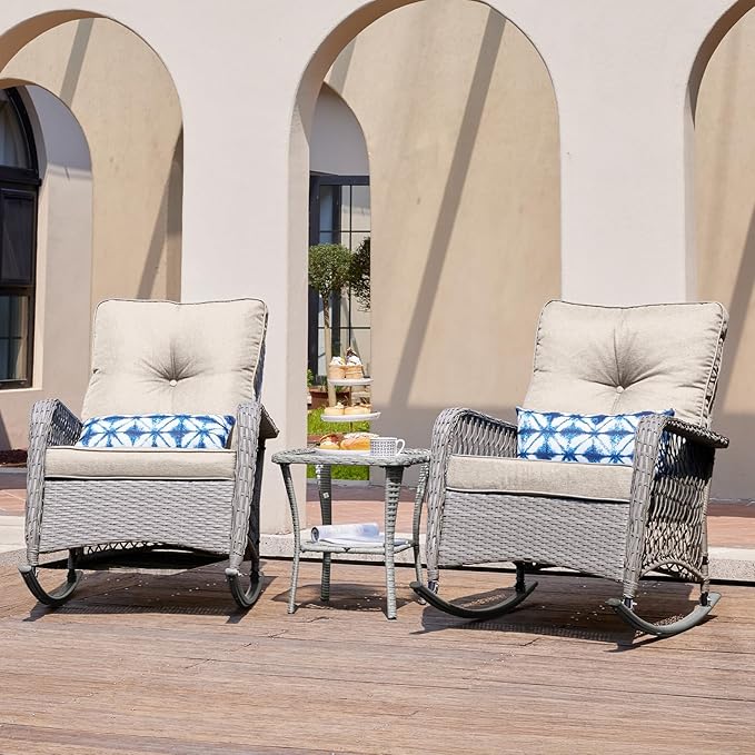 UDPATIO 3 Piece Patio Furniture Set, Wicker Rocking Bistro Set with 2 Rockers, 1 Side Table and 4‘’ Thick Cushions for Backyard, Porch, Balcony, Poolside, Grey/Beige